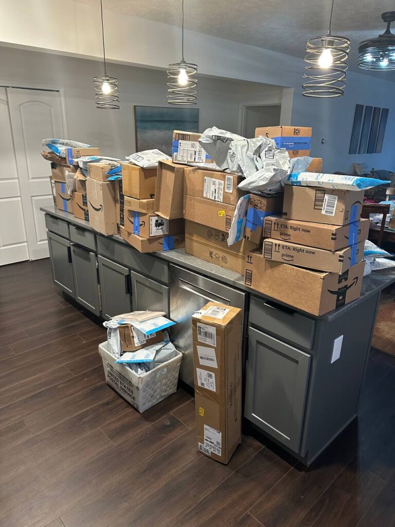 amazon packages on counter top